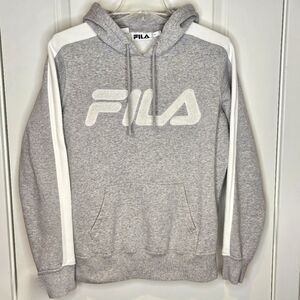 Fila Fleece Womens Heather Grey White Drawstring Hooded Sweatshirt Hoodie Size M